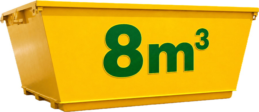 Yellow Ozzie Skip Hire skip bin marked 8m³ on the side