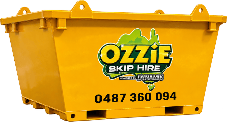 Yellow Ozzie Skip Hire crane-lift bin with four top lifting lugs, shown as the 2m³ option (product render)